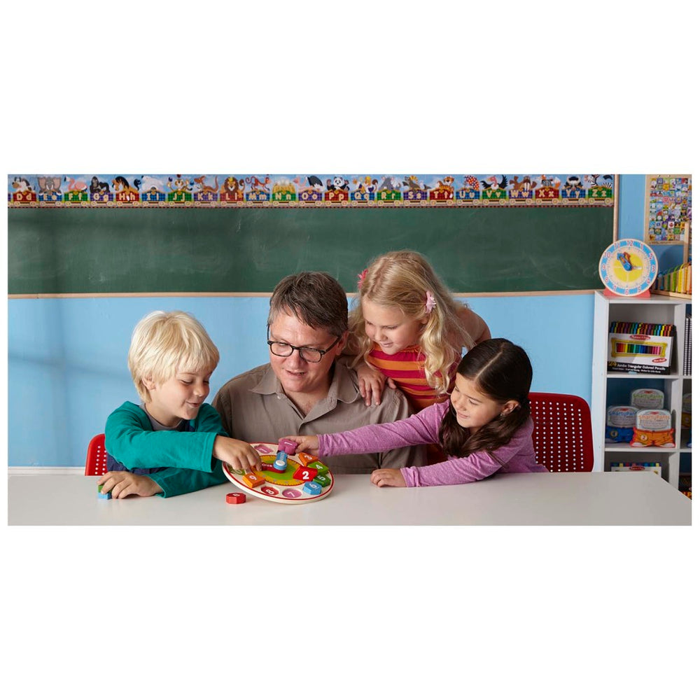 Melissa doug wooden learning clock with 12 wooden shapes