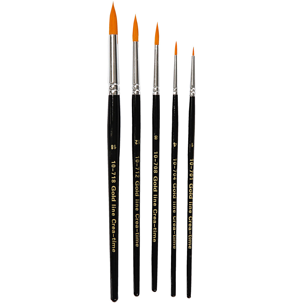 Creative Company Gold Line brushes, size 1, 4, 8, 12, 18, l: 17-19 cm, w: 1-7 mm, round, 5 pieces in a box