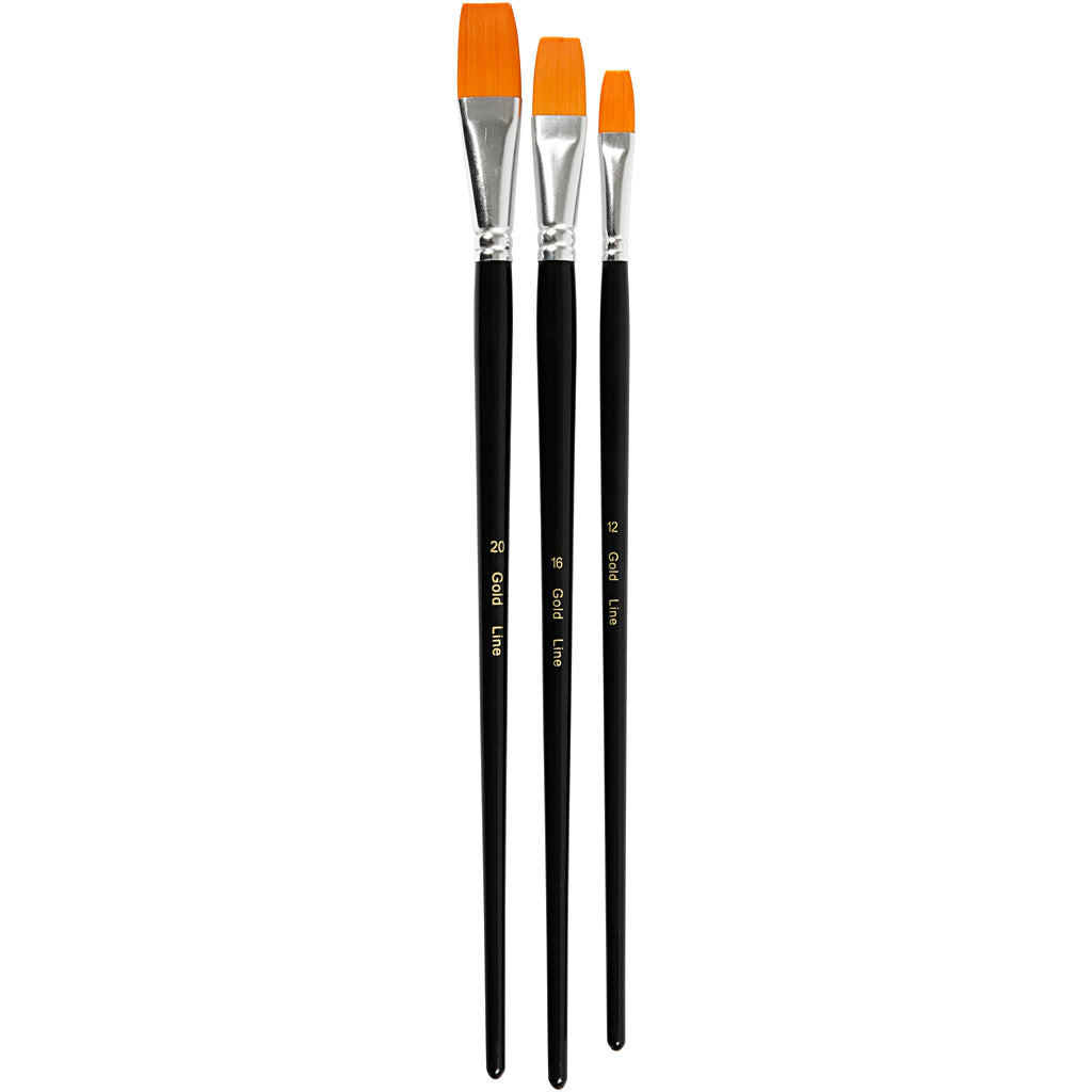 Creativ company gold line brushes, size 12+16+20, l: 30-33 cm, w: 12-20 mm, flat, 3 pieces 1 box