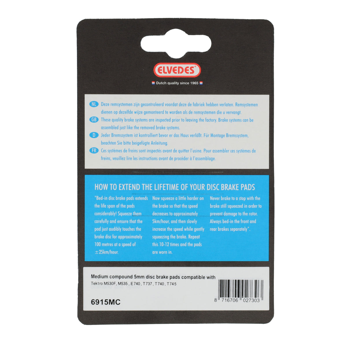 Jeu de plaquettes de frein à disque Elvedes 6915mc - tektro - vélos électriques - 1 paire