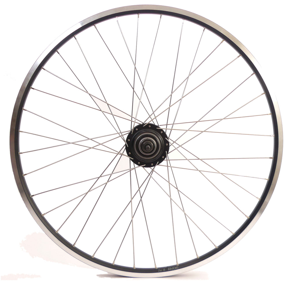 Shimano zadnje kolo 28 -palčno Nexus 7 Hub (črna) - platišče ZAC19 (črna) z žrebami iz nerjavečega jekla - za kolutno zavoro