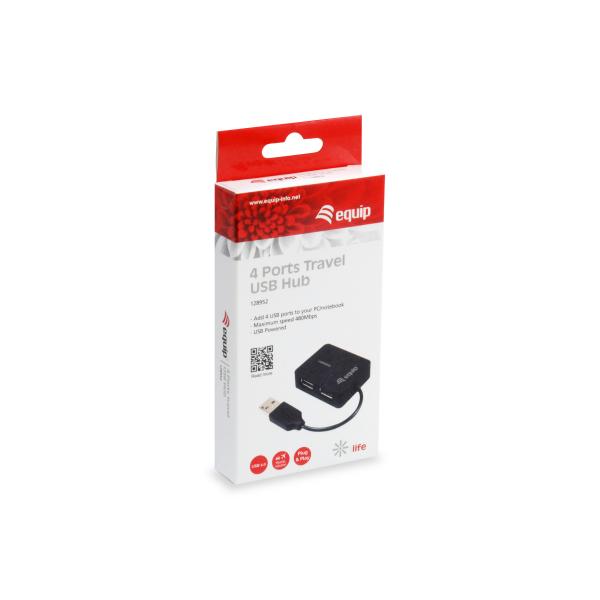 Ausrüstung 128952, 4-Port-Reise-USB-Hub, USB 2,0, 480 Mbit, Plastik, Schwarz