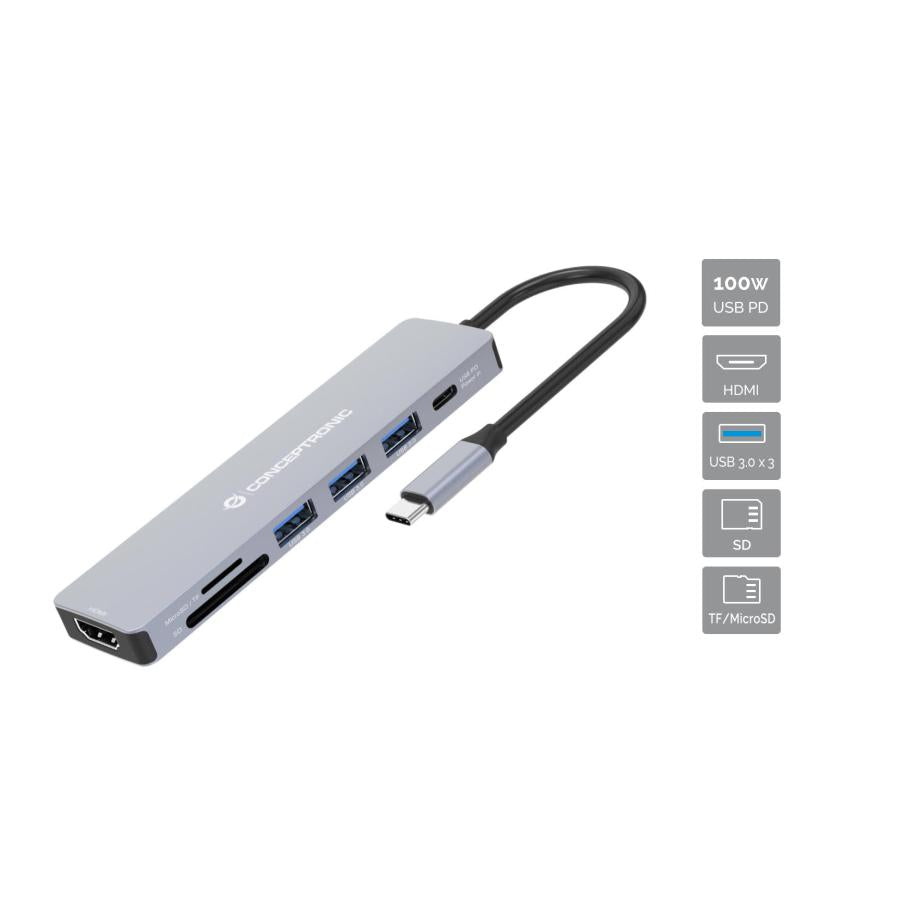 Conceptronic donn19g 7-i-1 USB 3.2 gen 1 dokkingstasjon, HDMI, USB-A 3.0 x 3, SD, TF microSD, 100W