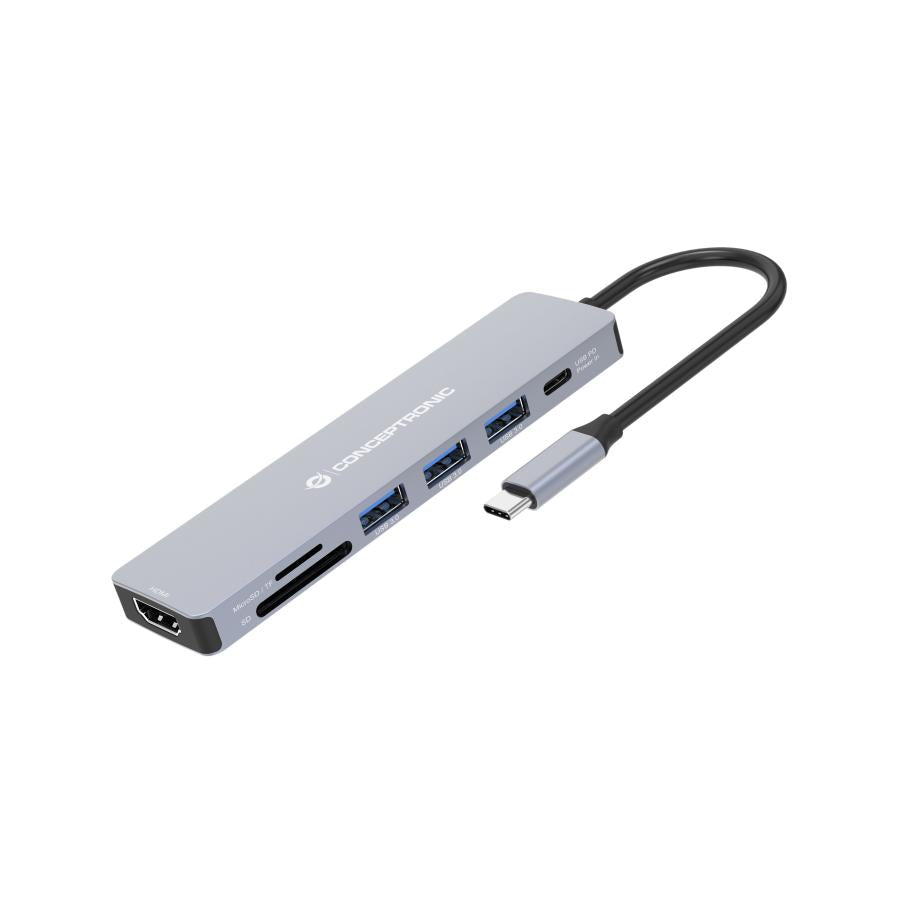 Conceptronic donn19g 7-i-1 USB 3.2 gen 1 dokkingstasjon, HDMI, USB-A 3.0 x 3, SD, TF microSD, 100W