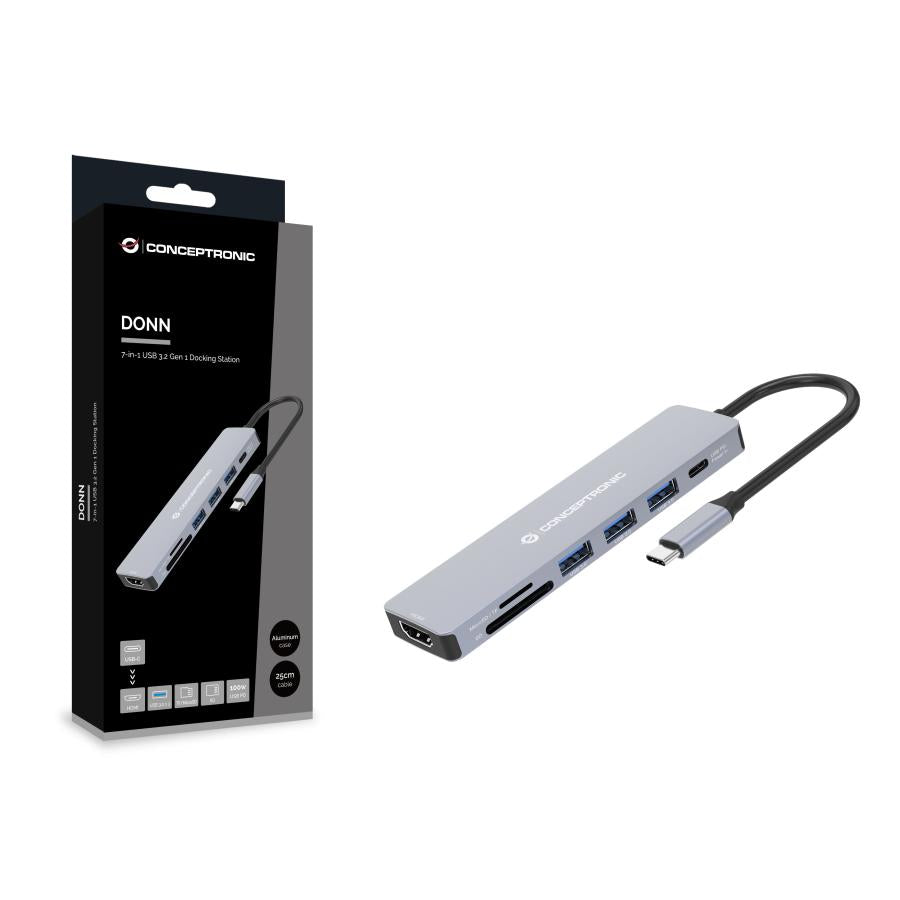 Conceptronic donn19g 7-i-1 USB 3.2 gen 1 dokkingstasjon, HDMI, USB-A 3.0 x 3, SD, TF microSD, 100W