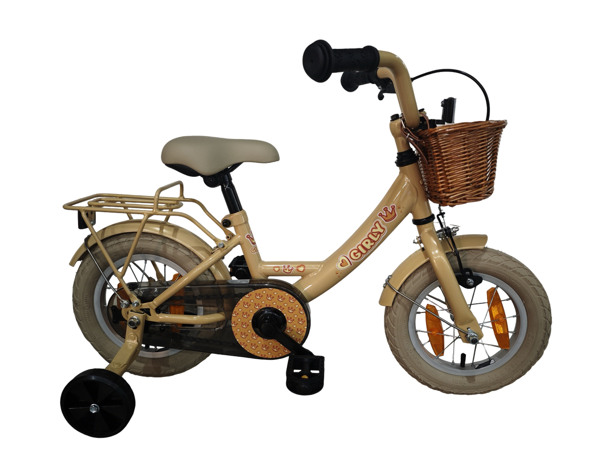 Bikefun kinderfiets girly 12 inch - met mandje, zijwieltjes en remnaaf - goud