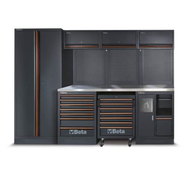 Attrezzi per arredo officina Beta c45pro 2.0 x (piano di lavoro in MDF rivestito in acciaio inox) incluso set di attrezzi da 268 pezzi in omaggio