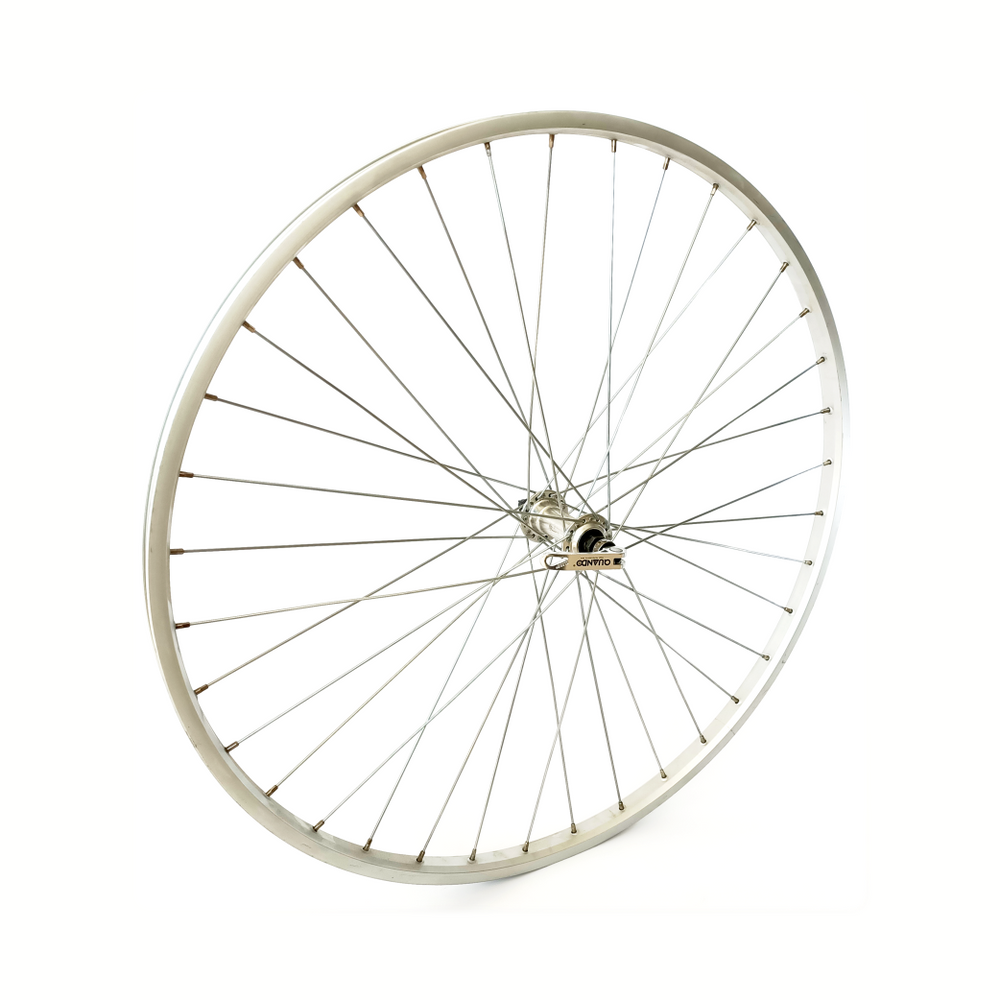 Front wheel 28x1 5 8x1 3 8. Aluminum rim, silver. Dropout hub