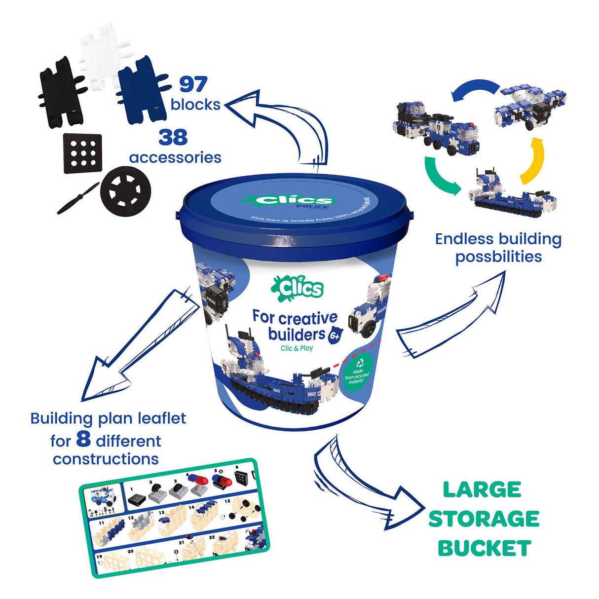 Clics rendőrség építőkockák vödörben