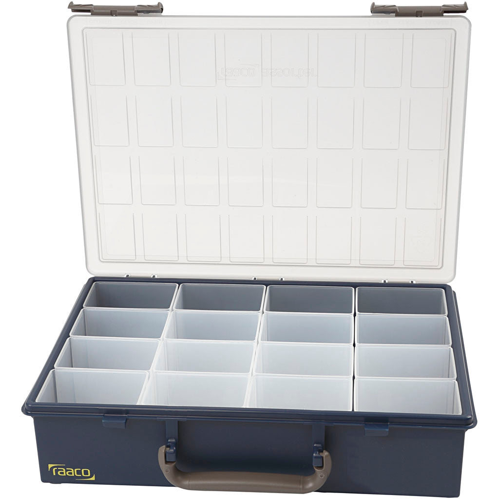 Raaco storage box, 16 movable insert boxes, h: 8 cm, dim: 33.8 x 26.1 cm, hole size: 5.5 x 7.9 x 8 cm, 1 set