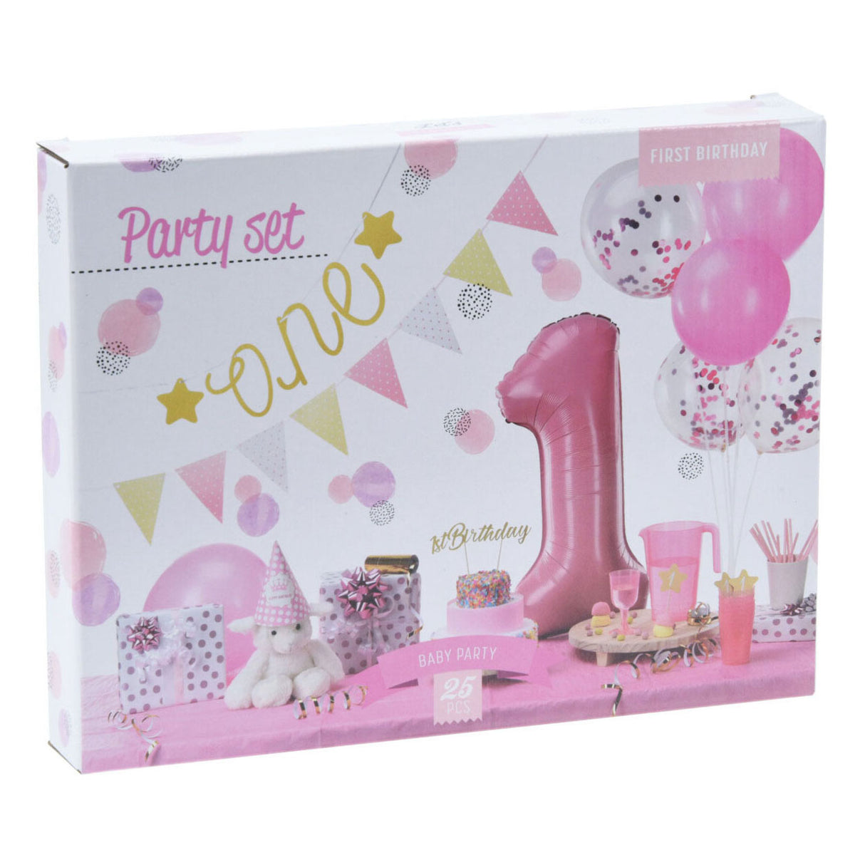 Set party decorations 1st birthday - pink girl, 9 pcs.
