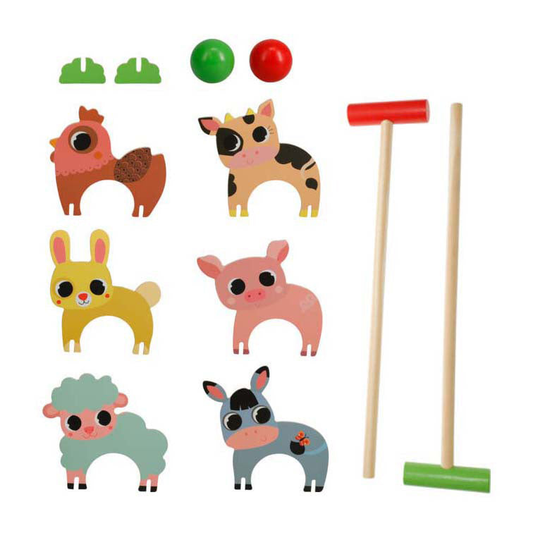 Drevená kroketová hra s hospodárskymi zvieratami