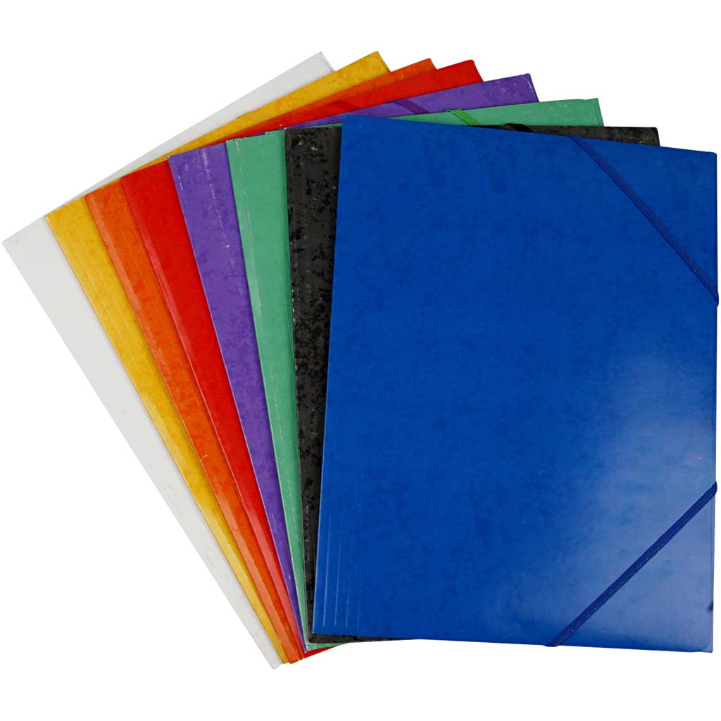 Folder with flap and elastic bands, A4, size 22.9 x 32.4 cm, various colours, 8 x 3 pieces, 24 pieces 1 box