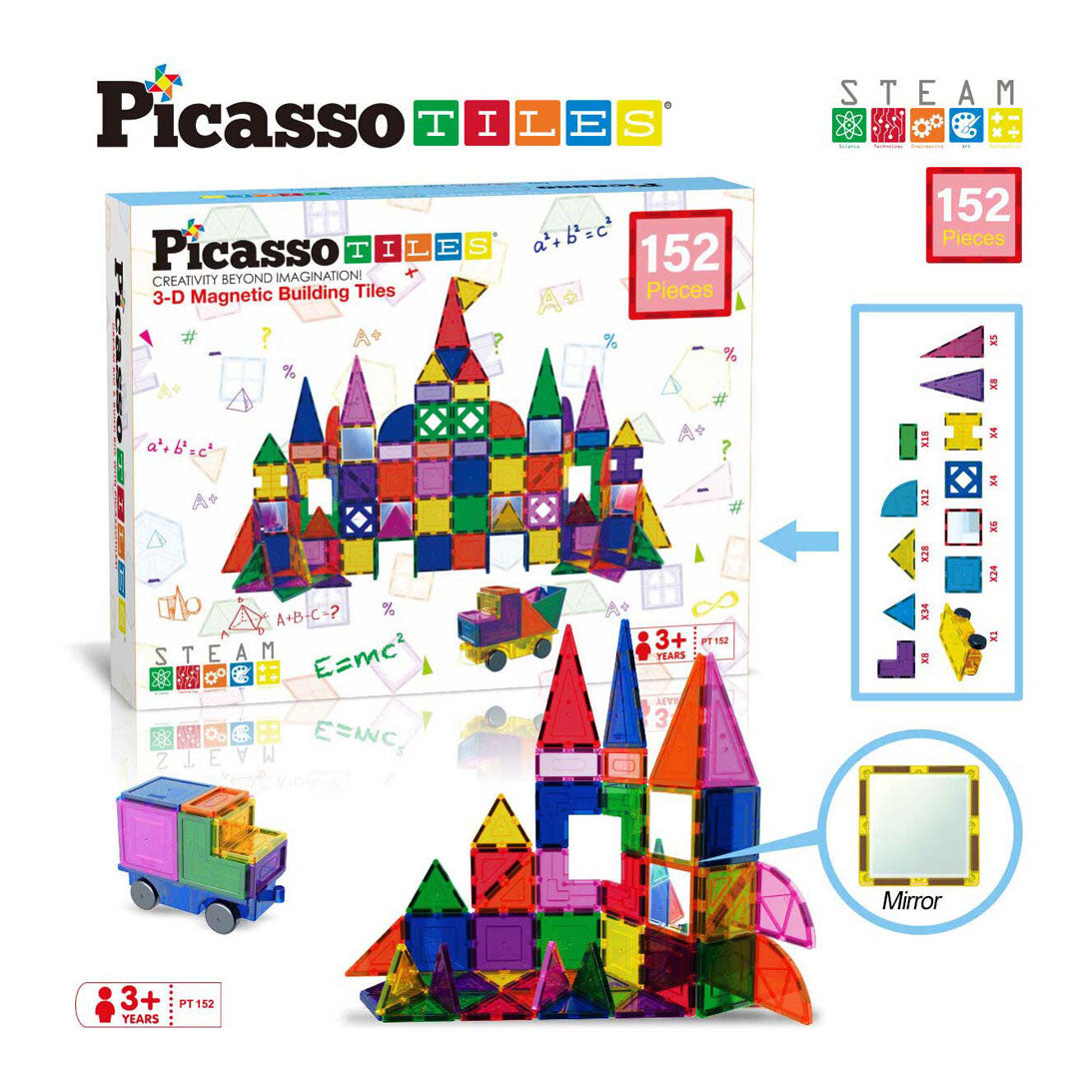 Selecta picassotiles blocks and mirrors - magnetic building tiles, 152dlg.