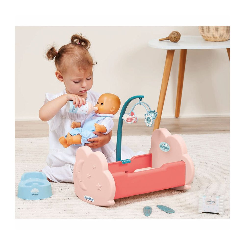 Ecoiffier doll's cradle with accessories, 6 pieces.