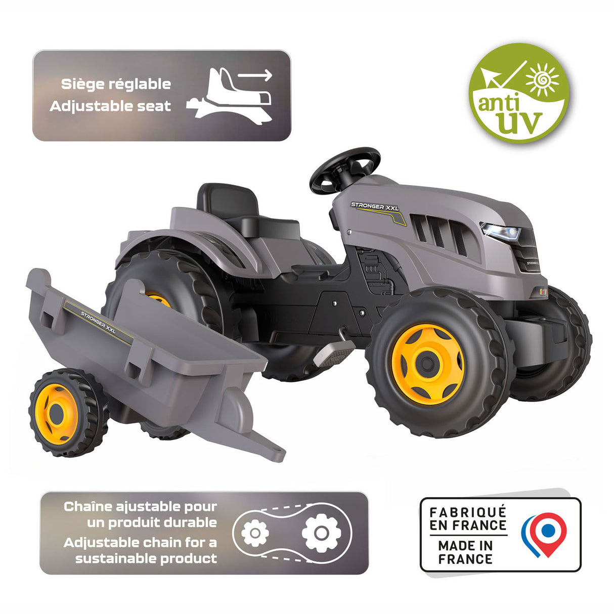 Smoby Stronger XXL pedal tractor with trailer, gray