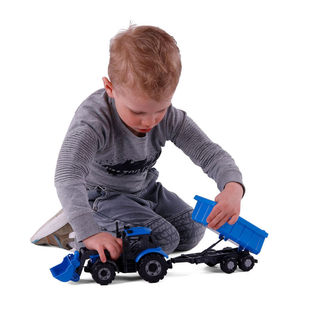 Cavallino tractor with loader and dumper trailer blue, scale 1:32