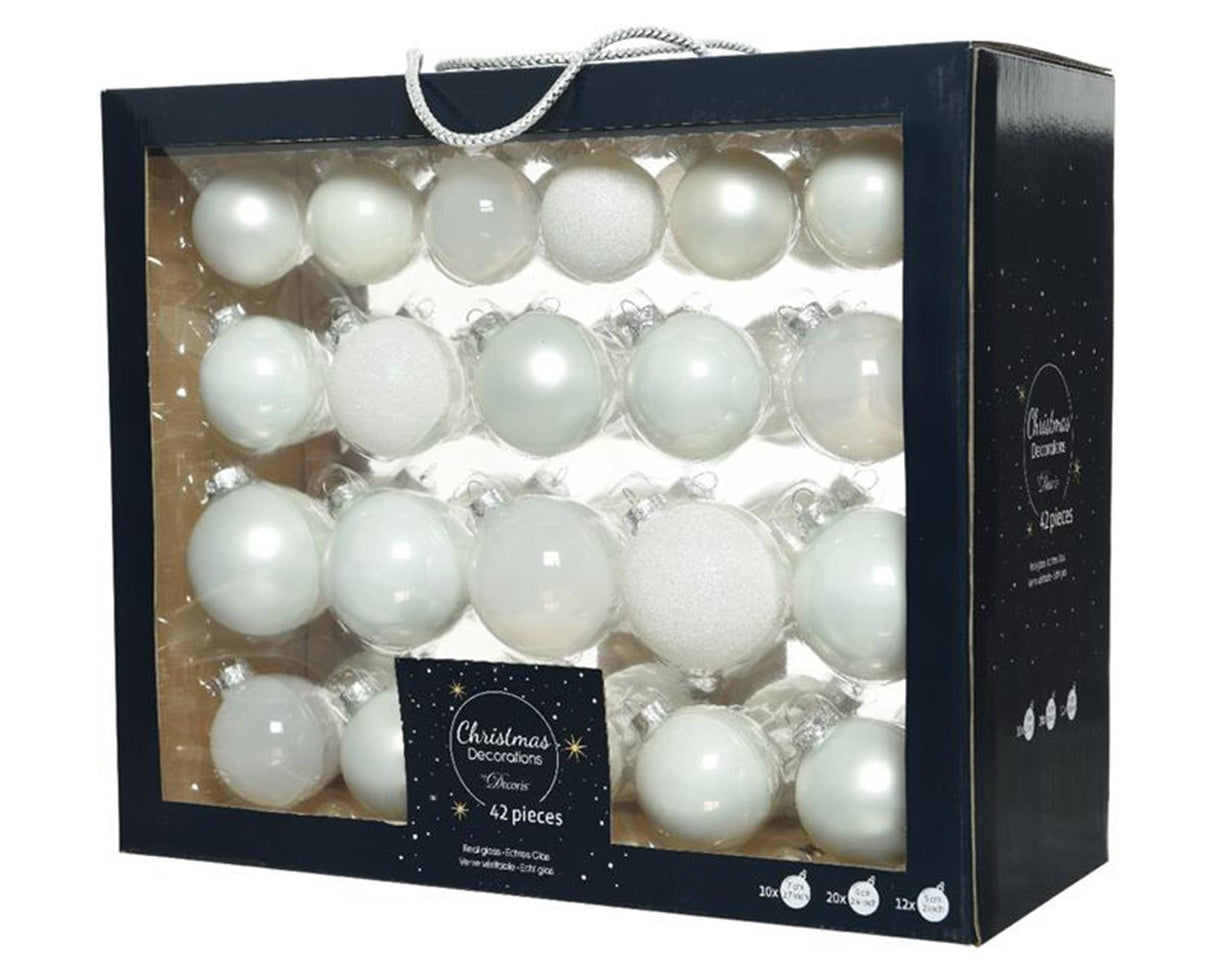 Decoris kerstballenset glas mix winterwit 42st