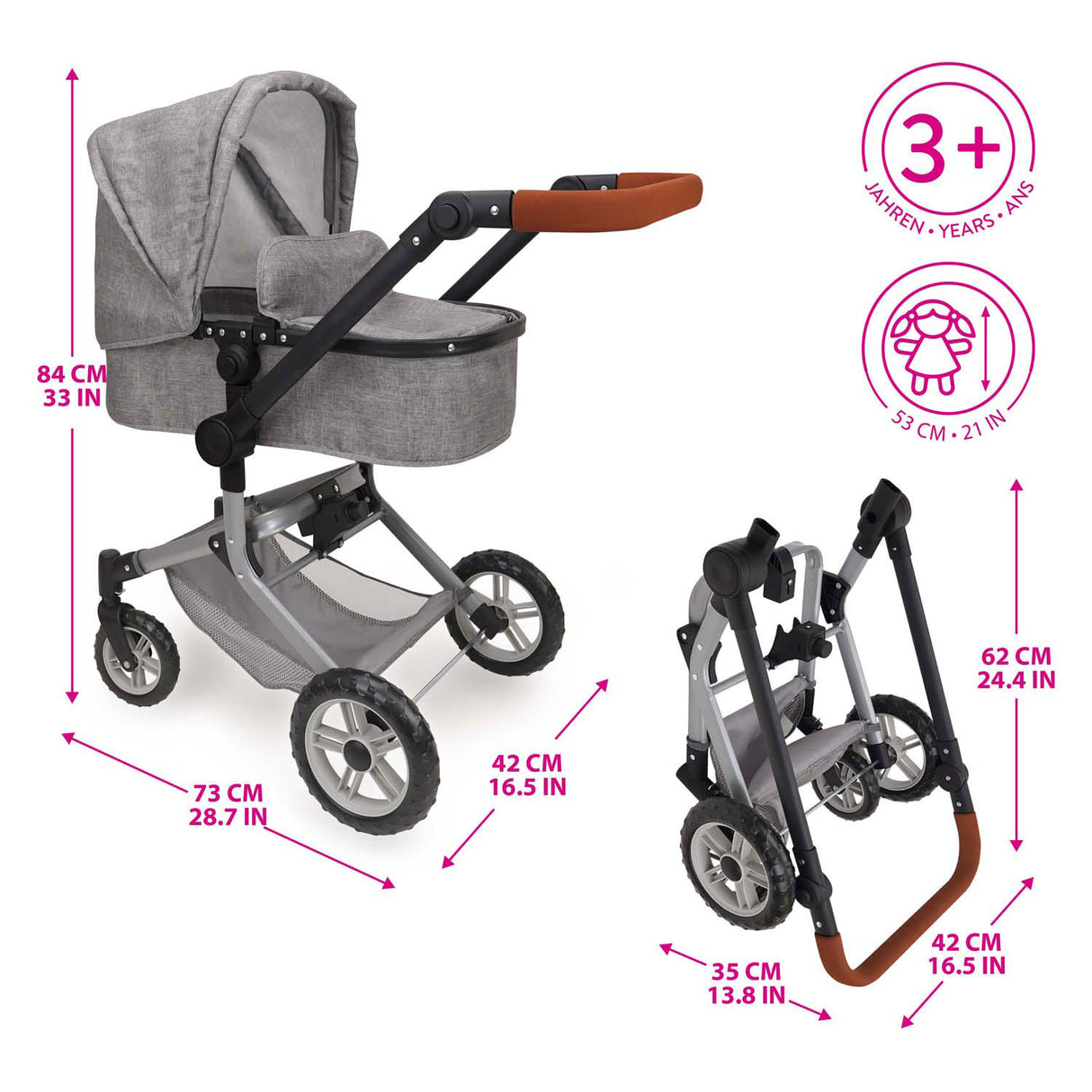 2-in-1 doll's pram with bag - gray