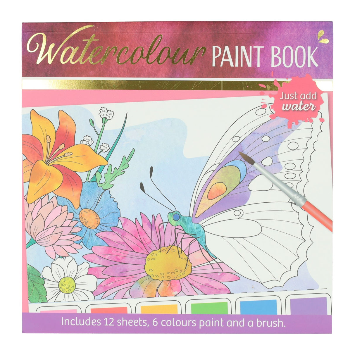 Wins holland waterverfkleurblok volwassenen - vlinders en bloemen - incl penseel en 6 kleuren waterverf
