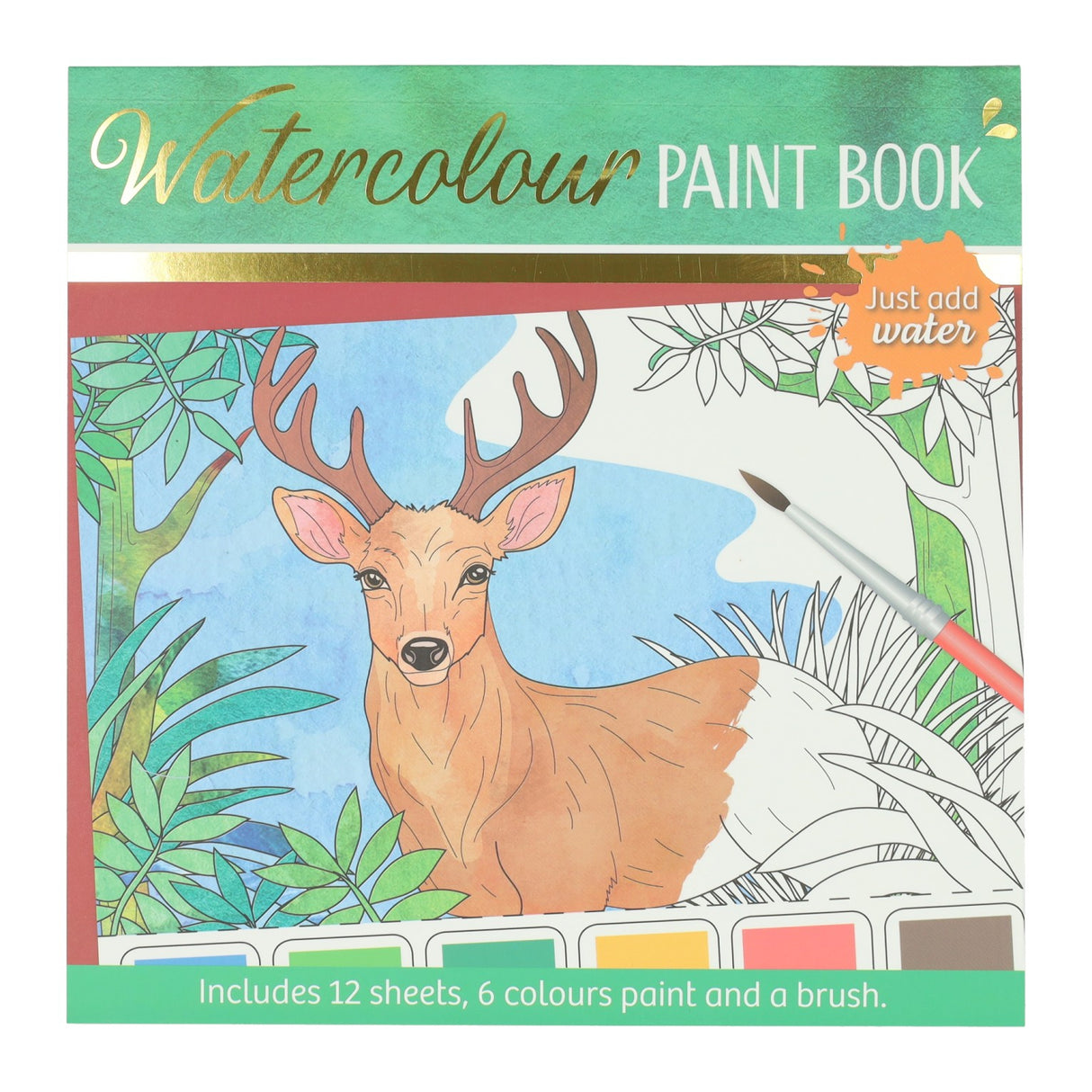 Wins holland waterverfkleurblok volwassenen - bosdieren - incl penseel en 6 kleuren waterverf