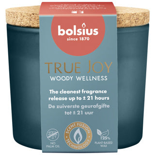 Bolsius scented glass with cork 66 83 true joy woody wellness
