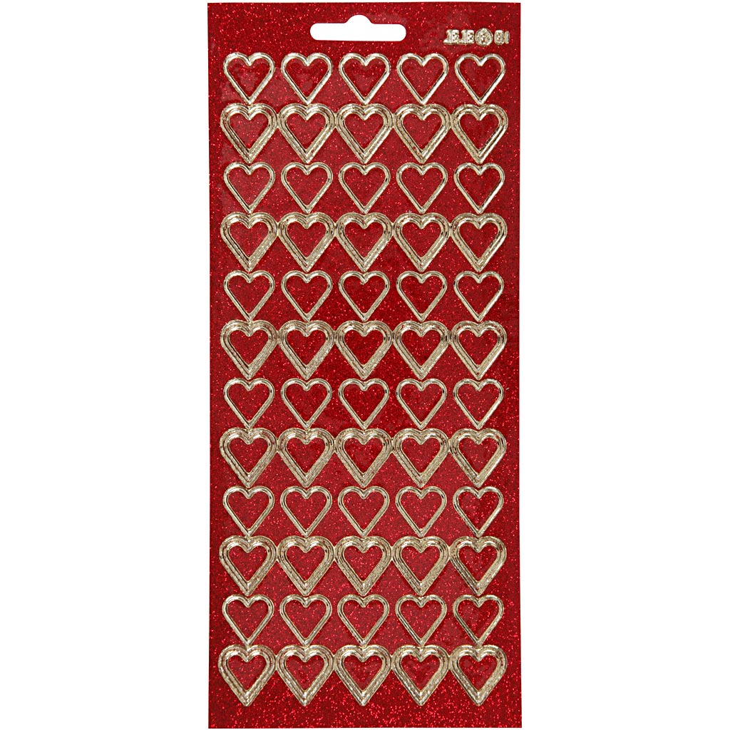 Creativ company stickers, hearts, sheet 10x23 cm, gold, red glitter, 1 sheet
