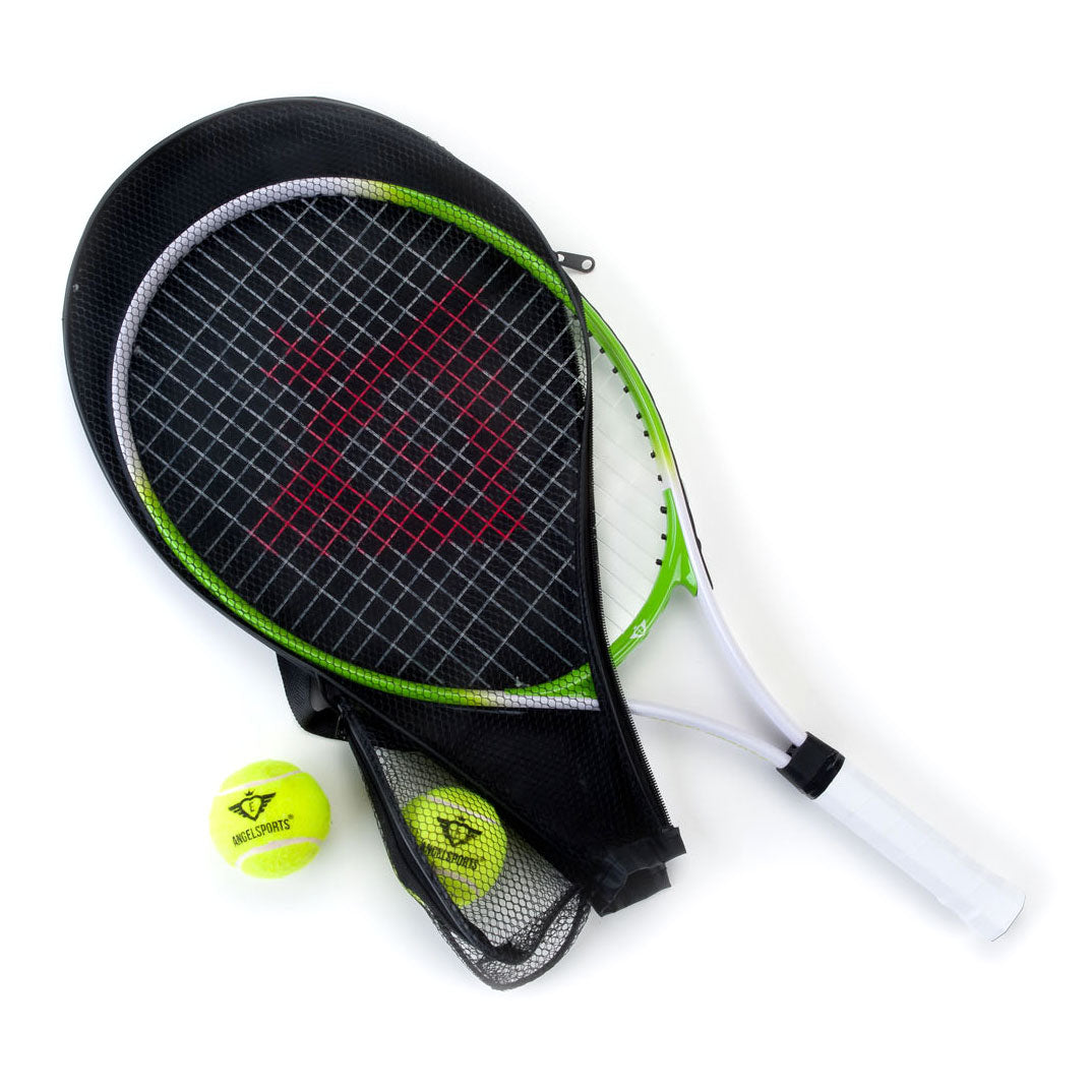 Racket de tennis avec couverture et 2 balles - vert