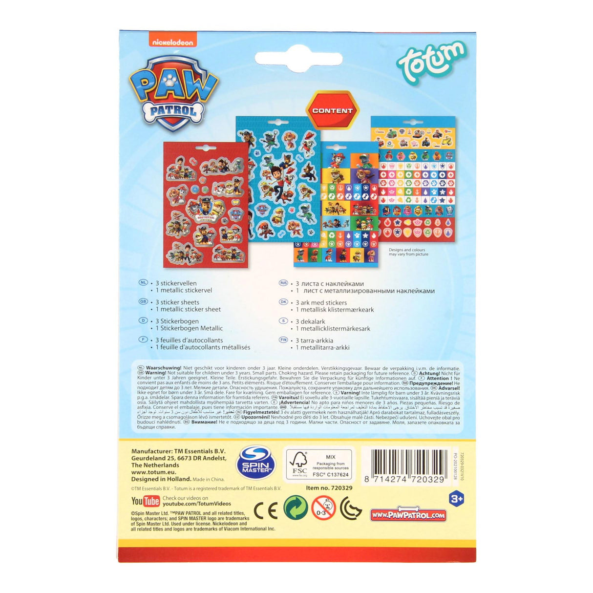 Totum Paw Patrol Stickervel, 4st.