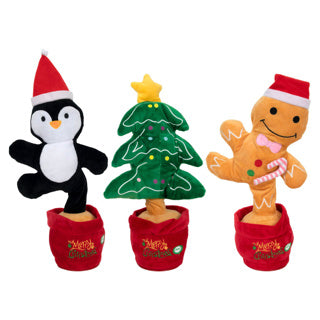 Kerstplush sing light dance 35cm 3-ass 3xaa batt incl, Christmas tree and penguin