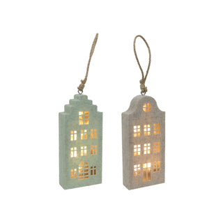 Canal house pendant beige green felt led 20cm 2 assorted