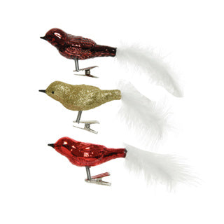 Bird glass shiny, glitter white feather tail mixl. 3cm x w.8cm x h.3.5cm | 30 pieces