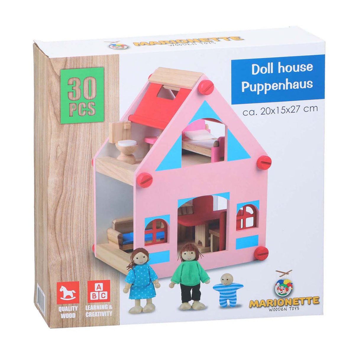 Wooden doll house with accessories, 30 pcs.