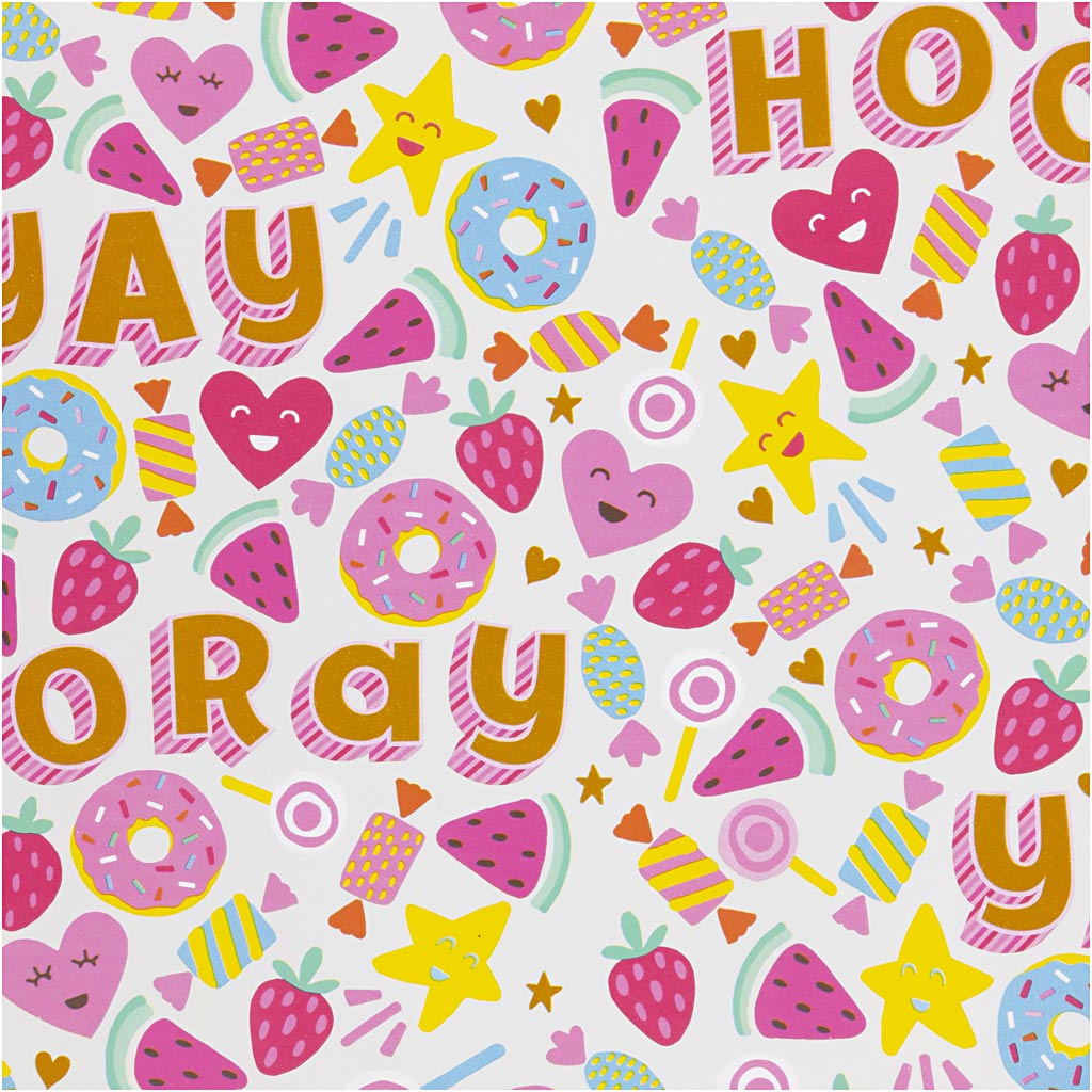 Creativ company wrapping paper, candy, fruit and donuts, w: 50 cm, 80 gr, light turquoise, 100 m 1 roll