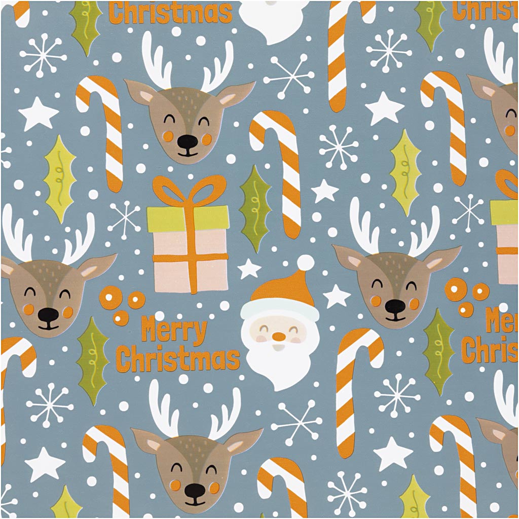 Creativ company wrapping paper, Santa Claus, Christmas gift, lollipop, reindeer, w: 50 cm, 80 gr, gray, 100 m 1 roll