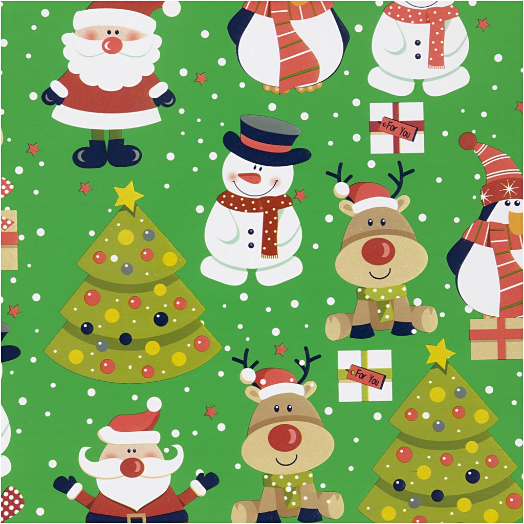 Creativ company wrapping paper, Santa Claus, Christmas tree, Christmas gift, reindeer, snowman and penguin, w: 50 cm, 80 gr, green, 5 m 1 roll