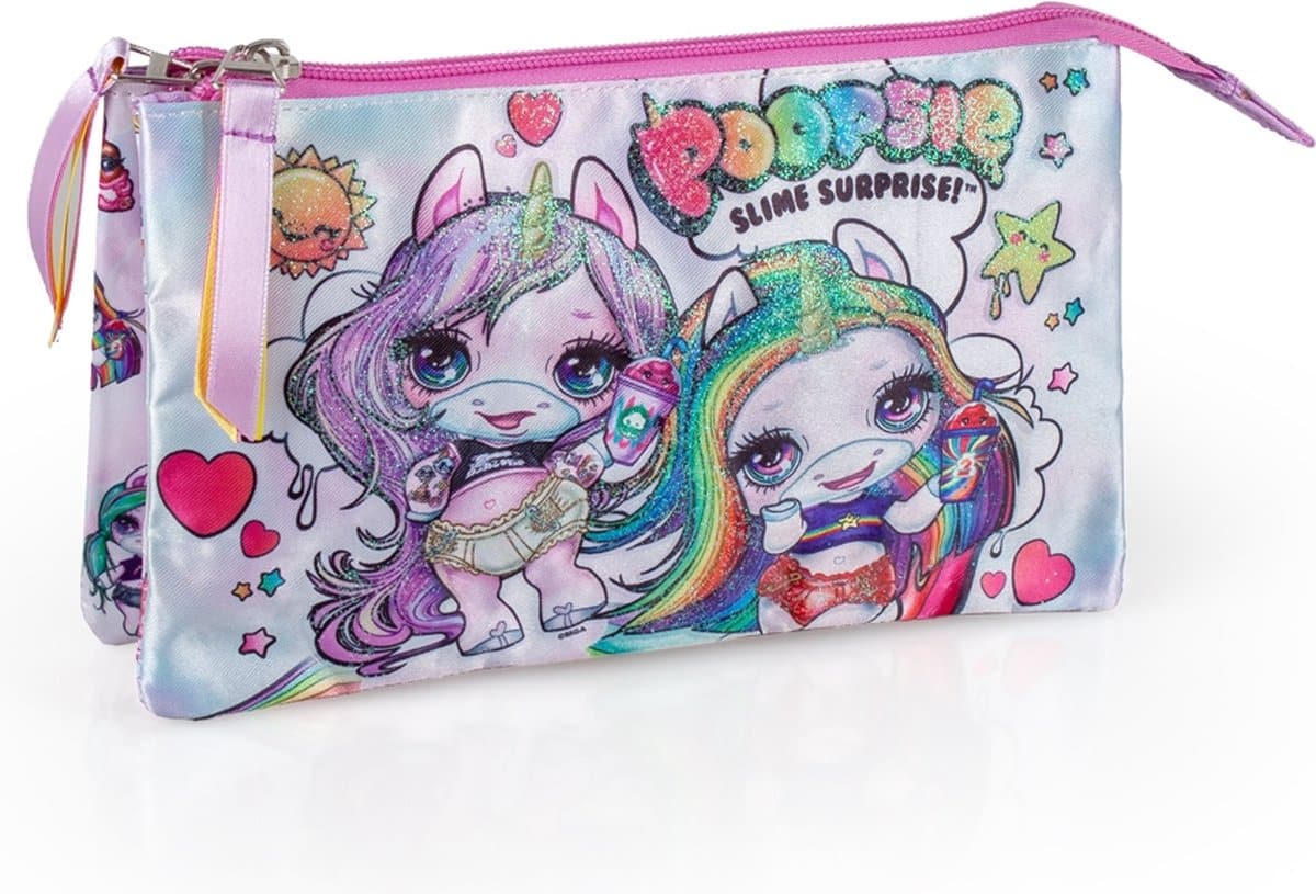 Jim jam pencil case poopsie pen case 3 compartments with 2 zippers