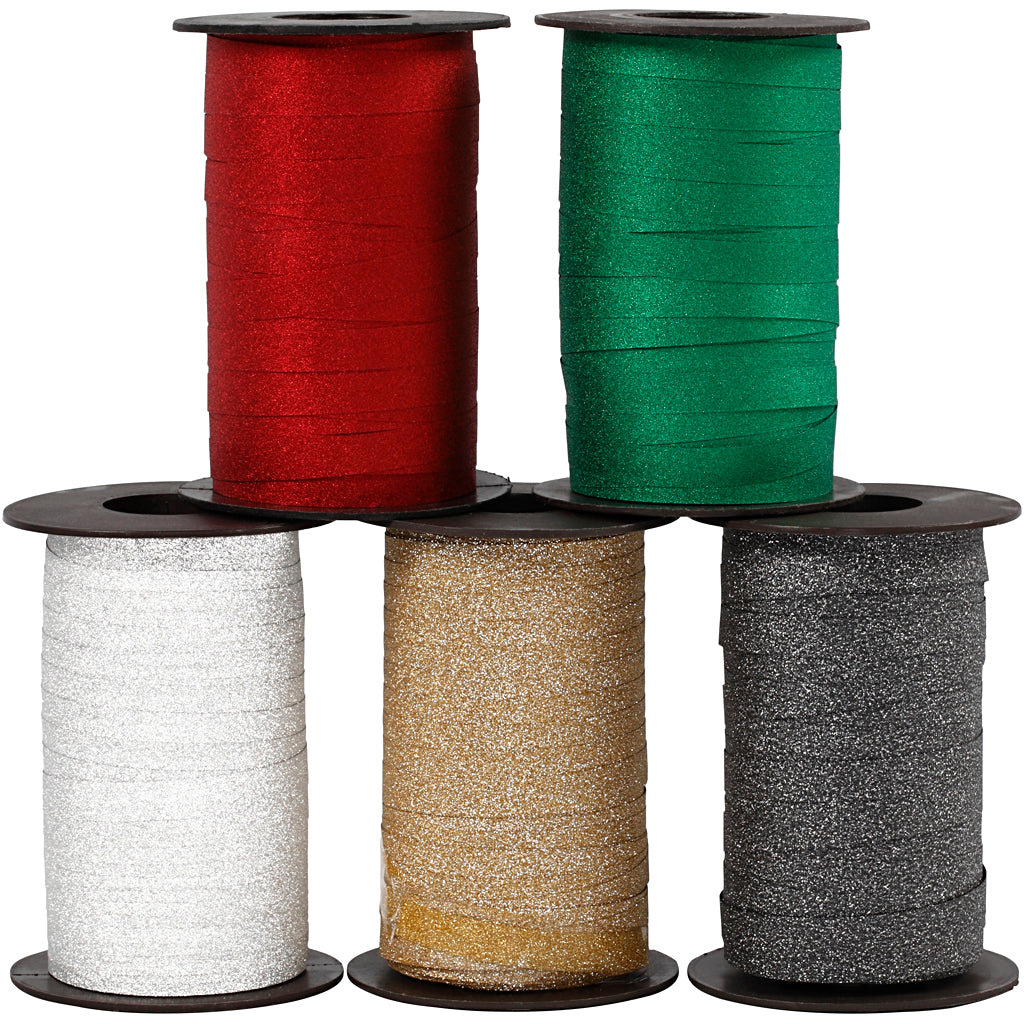 Creativ company gift ribbon, w: 10 mm, glitter, various colors, 5x100 m 1 box