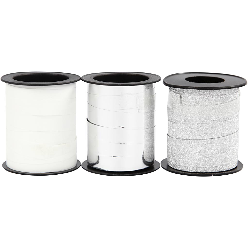 Creativ company gift ribbon, w: 10 mm, silver, glitter silver, white, 3x15 m 1 box