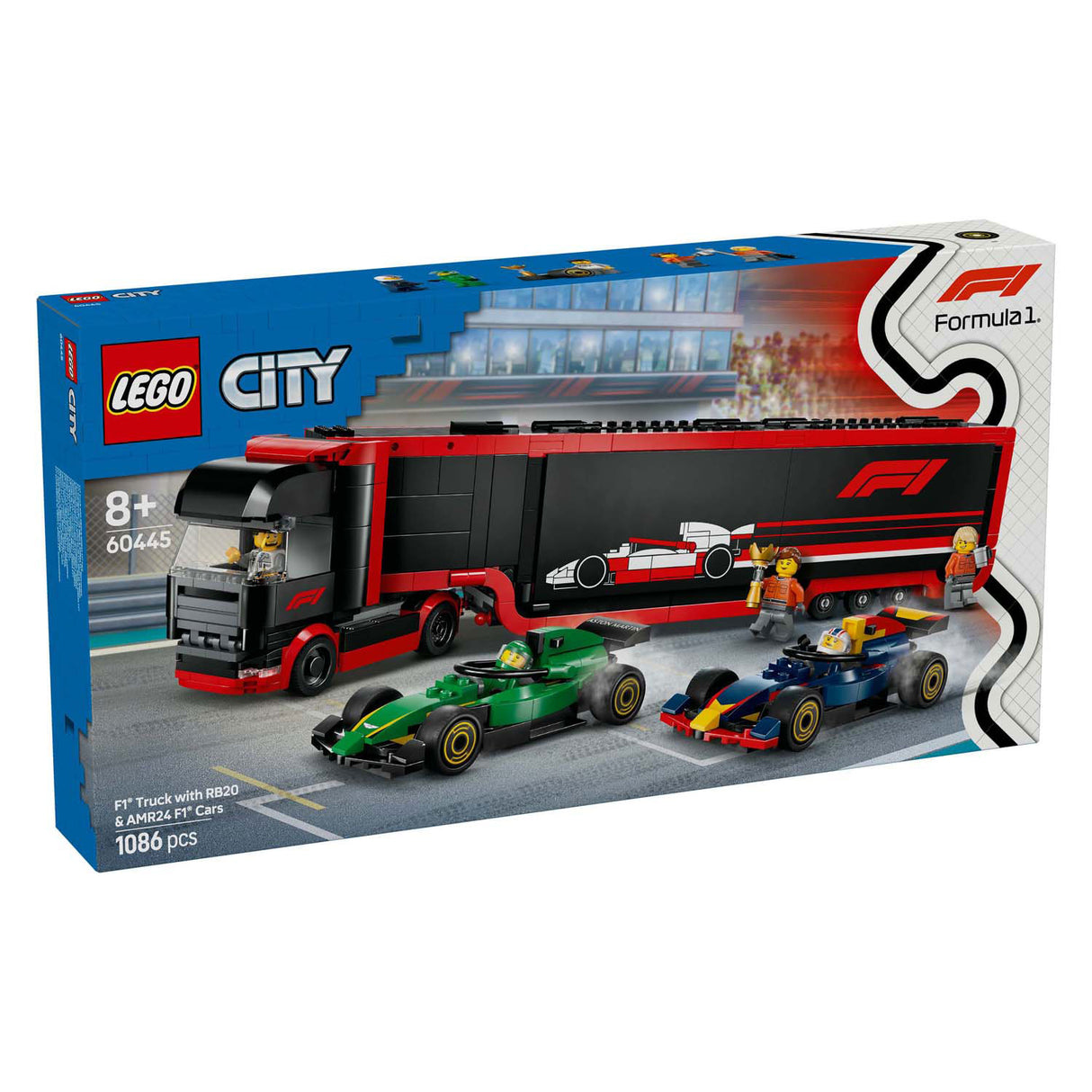 Lego City 60445 F1 Truck con auto RB20 e AMR24 F1