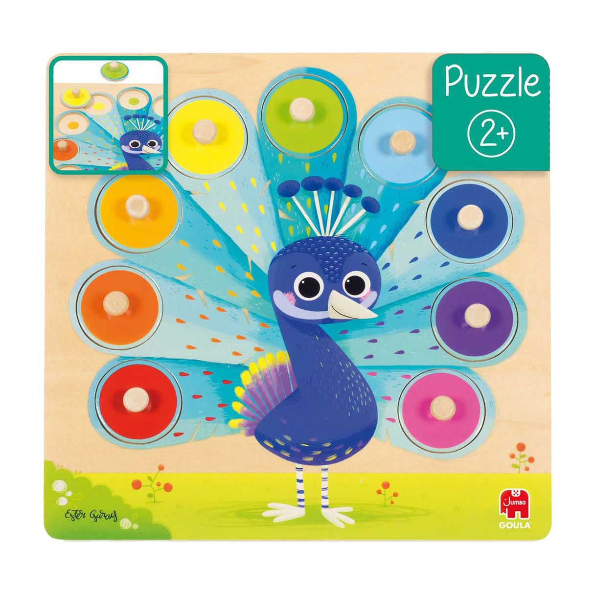 Jumbo goula - wooden stud puzzle peacock, 9 pcs.