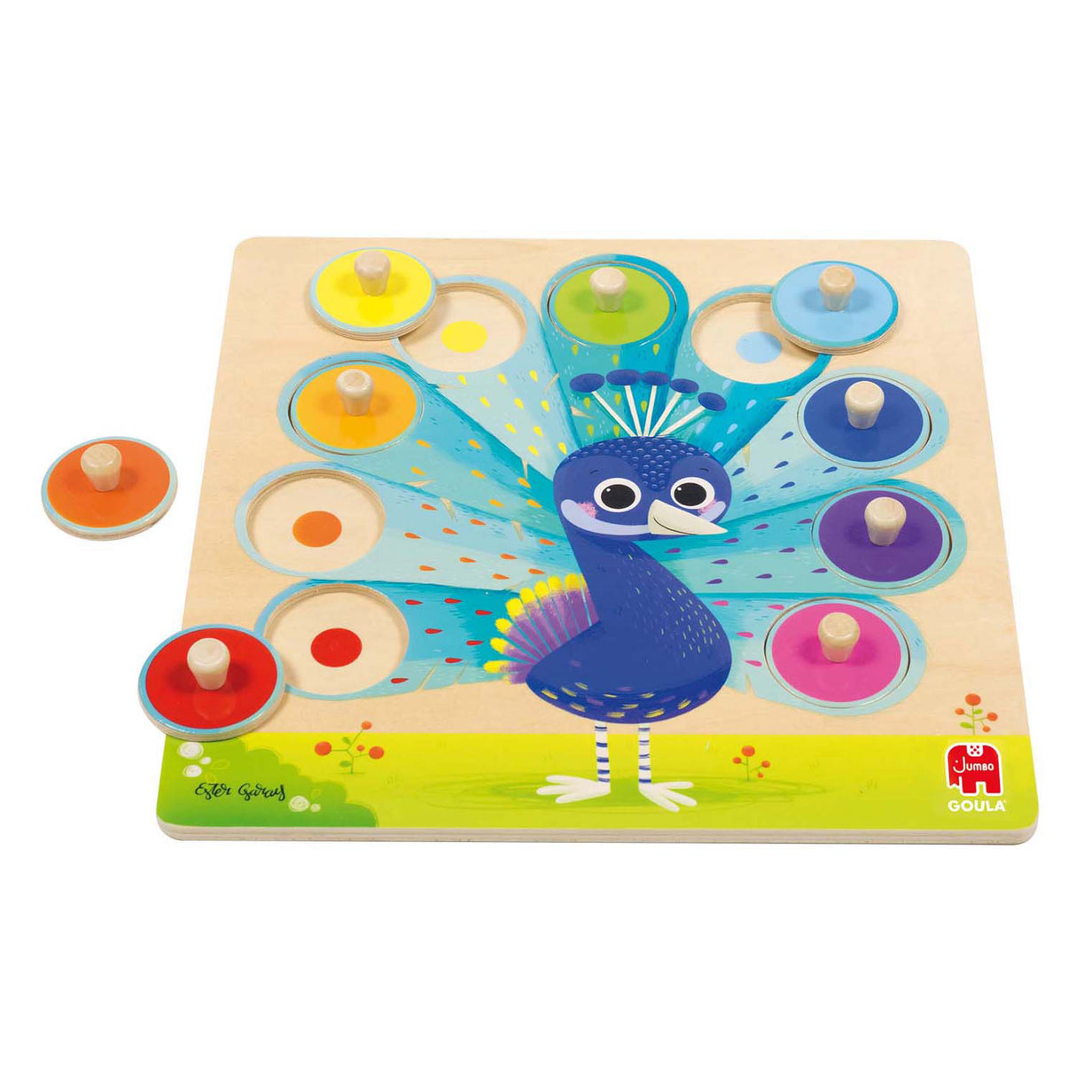 Jumbo goula - wooden stud puzzle peacock, 9 pcs.