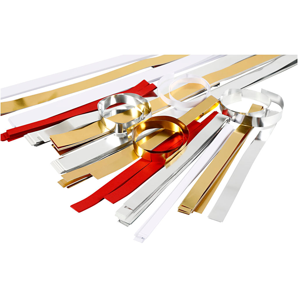 Bandes de tressage Creativ company, l: 44+78 cm, d 4,5+6,5+11,5 cm, l: 10+15+25 mm, contenu peut varier, or, rouge, argent, blanc, 5000 bandes 1 boîte