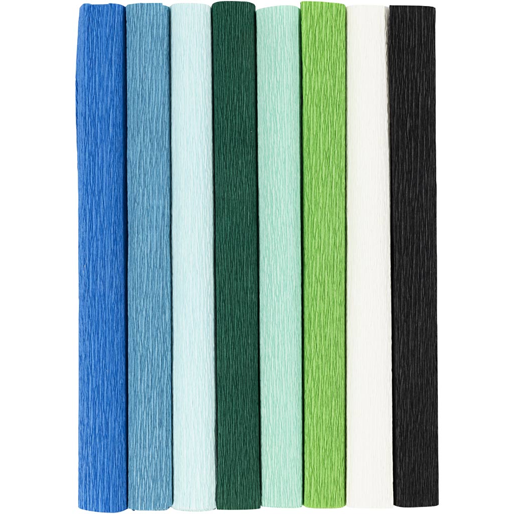 Creativ company crepe paper, sheet 25x60 cm, crepe ratio: 180%, 105 gr, blue green harmony, 8 sheets 1 box