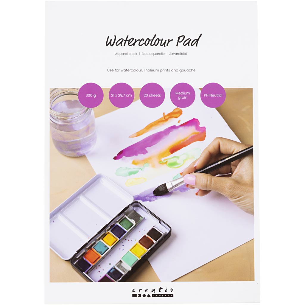 Creativ company watercolor block, A4, sheet 210x297 mm, cold-pressed, medium grain, 300 g, white, 20 sheets 1 piece