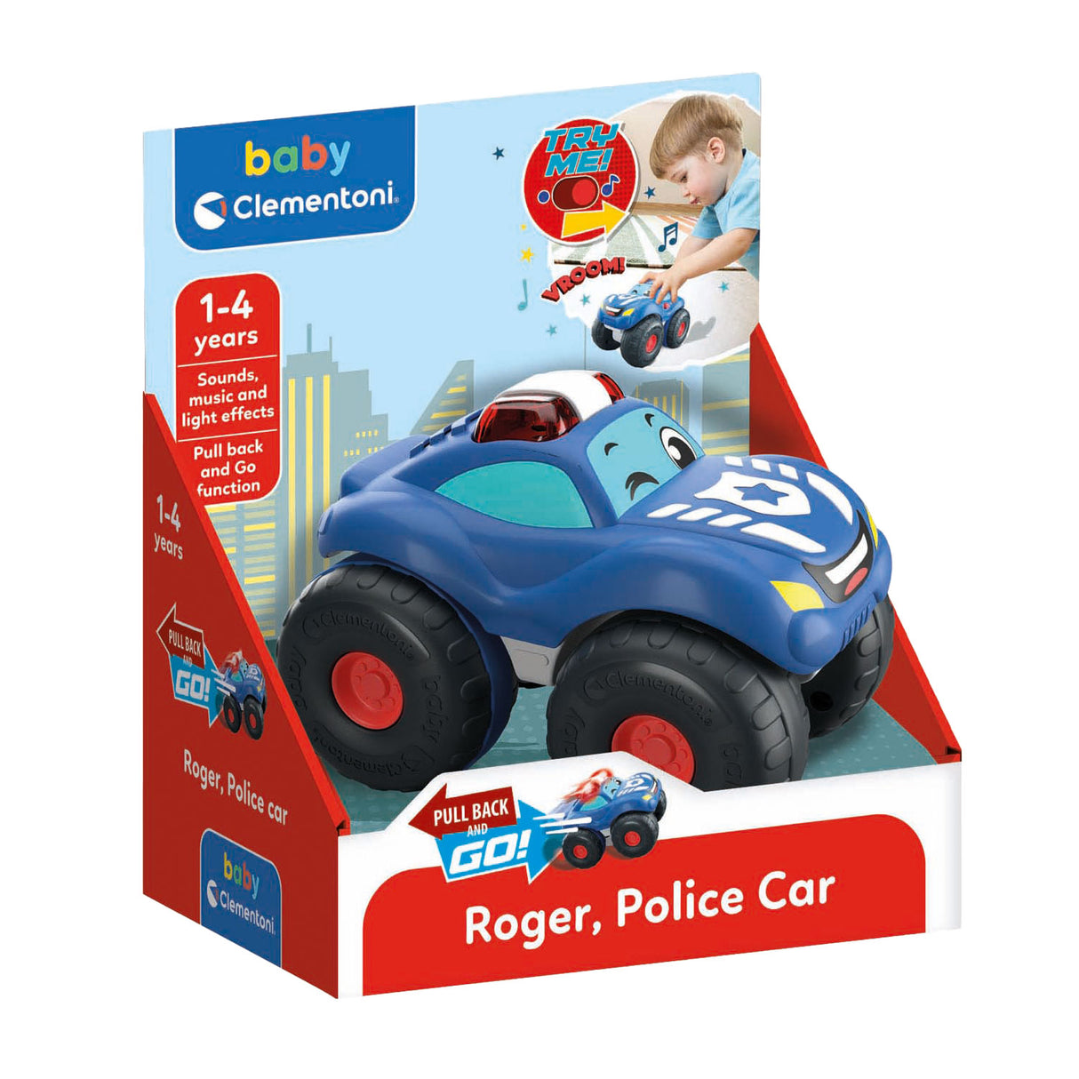 Clementoni leanbh ag tarraingt ar ais carr póilíní le fuaim