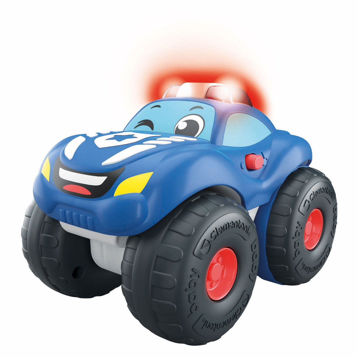 Clementoni leanbh ag tarraingt ar ais carr póilíní le fuaim