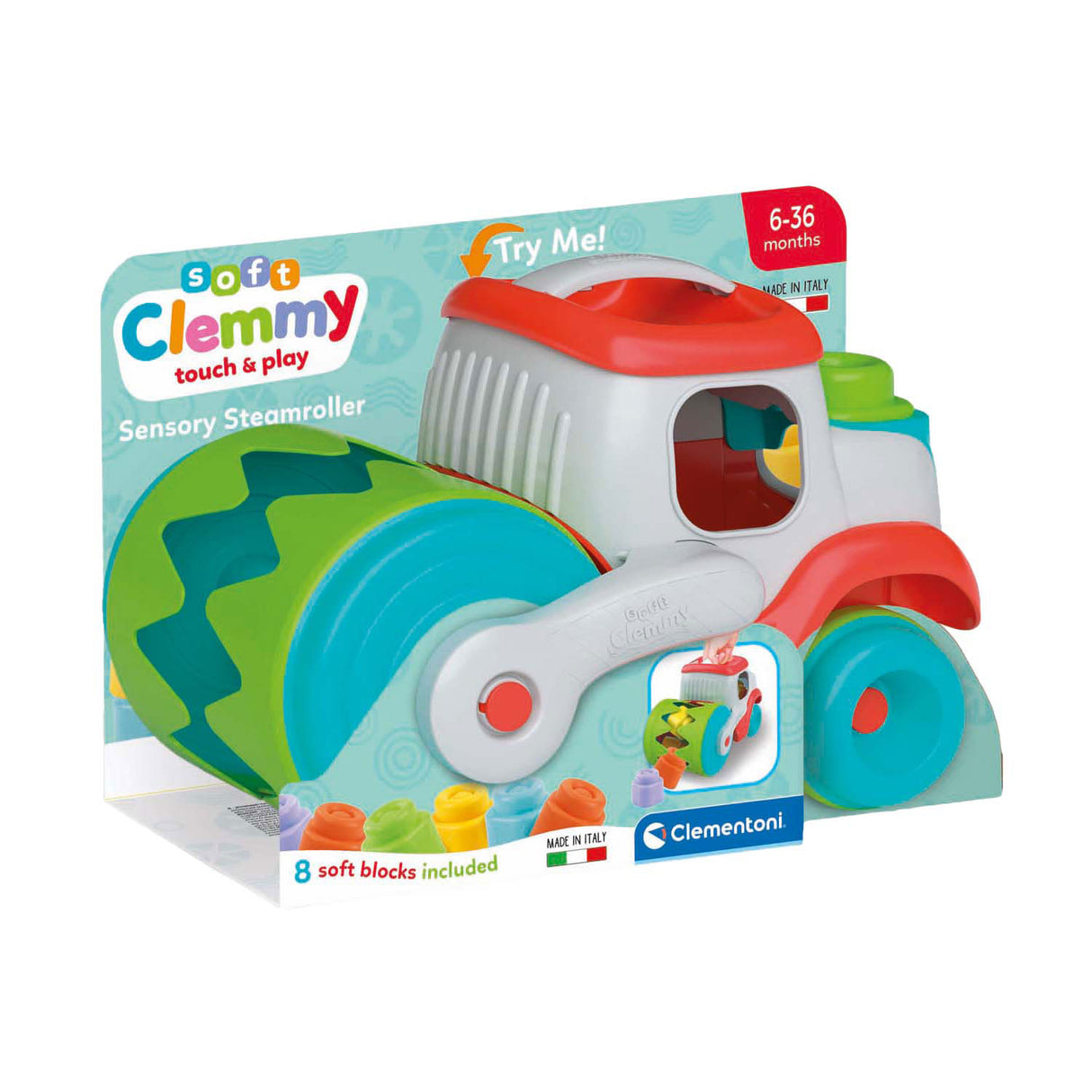 Clementoni Baby Soft Clemmy Dampfwalzenfahrzeug mit Blöcken, 9-teilig.