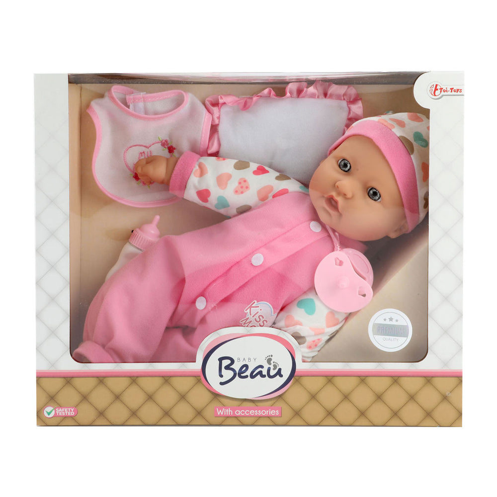 Baby Beau Babypop mat Fläsch a bib, 40 cm