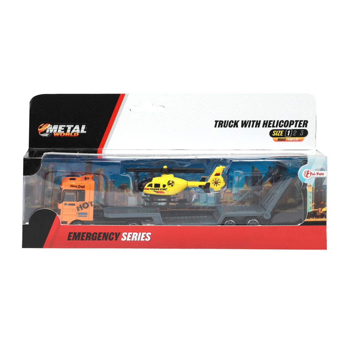 Kovový vůz toi-toys s přívěsem a vrtulníkem